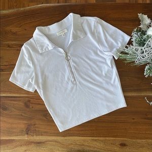 White front zip-up crop top with collar